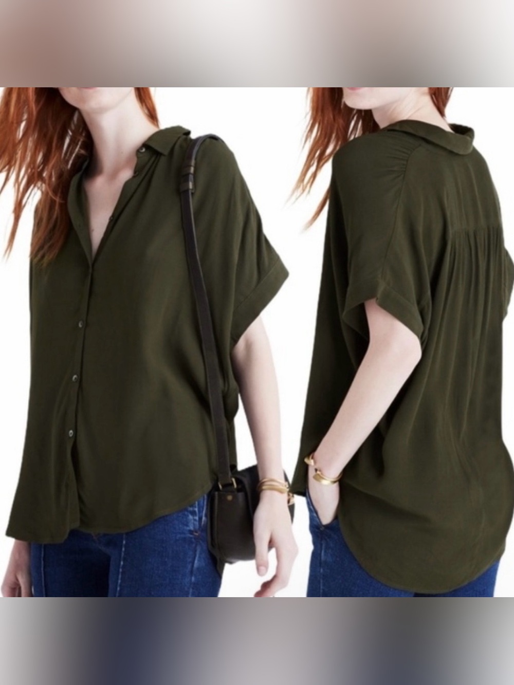 Madewell | Olive Green Short Sleeve Button Down Top, M